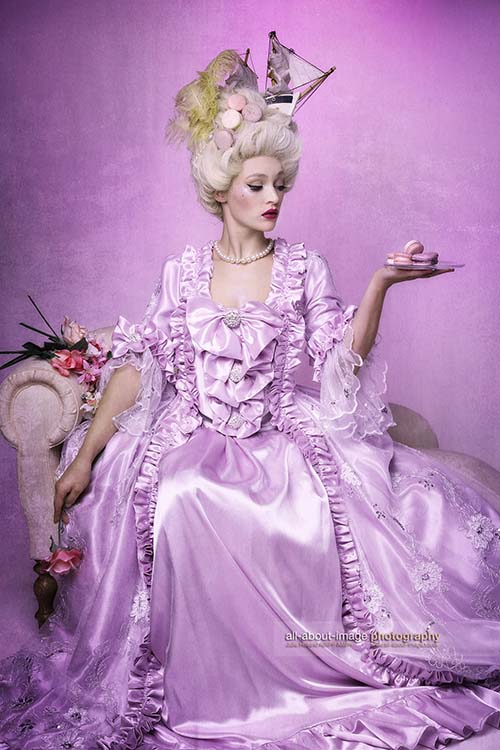 Stunning pink / light purple flowing Restoration period dress.