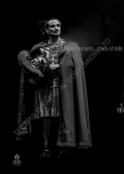 All metal Roman chest and back armour. With helmet cape and skirt for hire as part of Phantom of the Opera costume set.